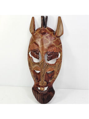 Hand Carved Wooden Giraffe Tribal Mask Wall Hanging African Beaded Decor